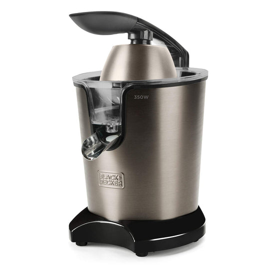 Black+Decker BXCJ350E - Spremiagrumi Elettrico con Leva 350W, Motore AC, Filtro Extra Regolatore della Polpa, 2 Coni di Dimensioni Diverse, Contenitore da 650 ml, Nero Grigio