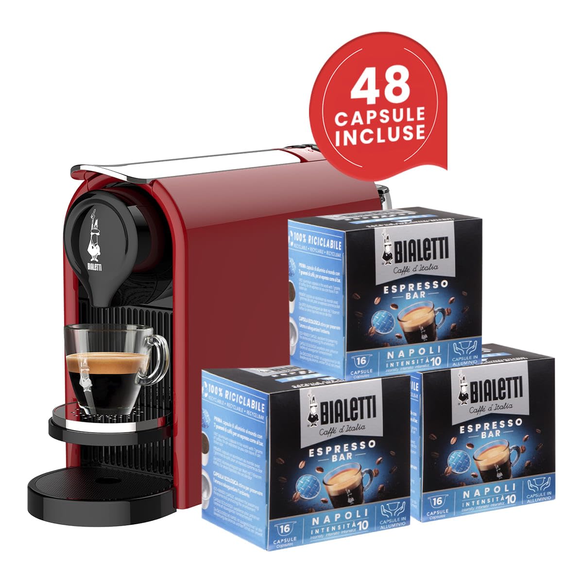 Bialetti Gioia Plus, Macchina Caffè Espresso Alluminio, 48 Capsule Incluse, Rosso