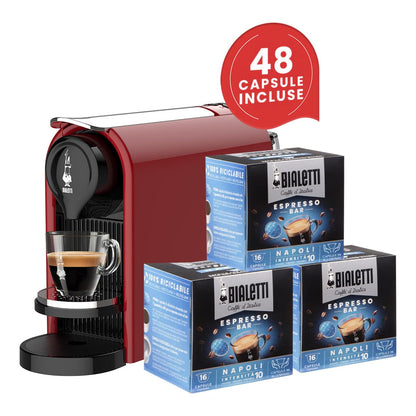 Bialetti Gioia Plus, Macchina Caffè Espresso Alluminio, 48 Capsule Incluse, Rosso