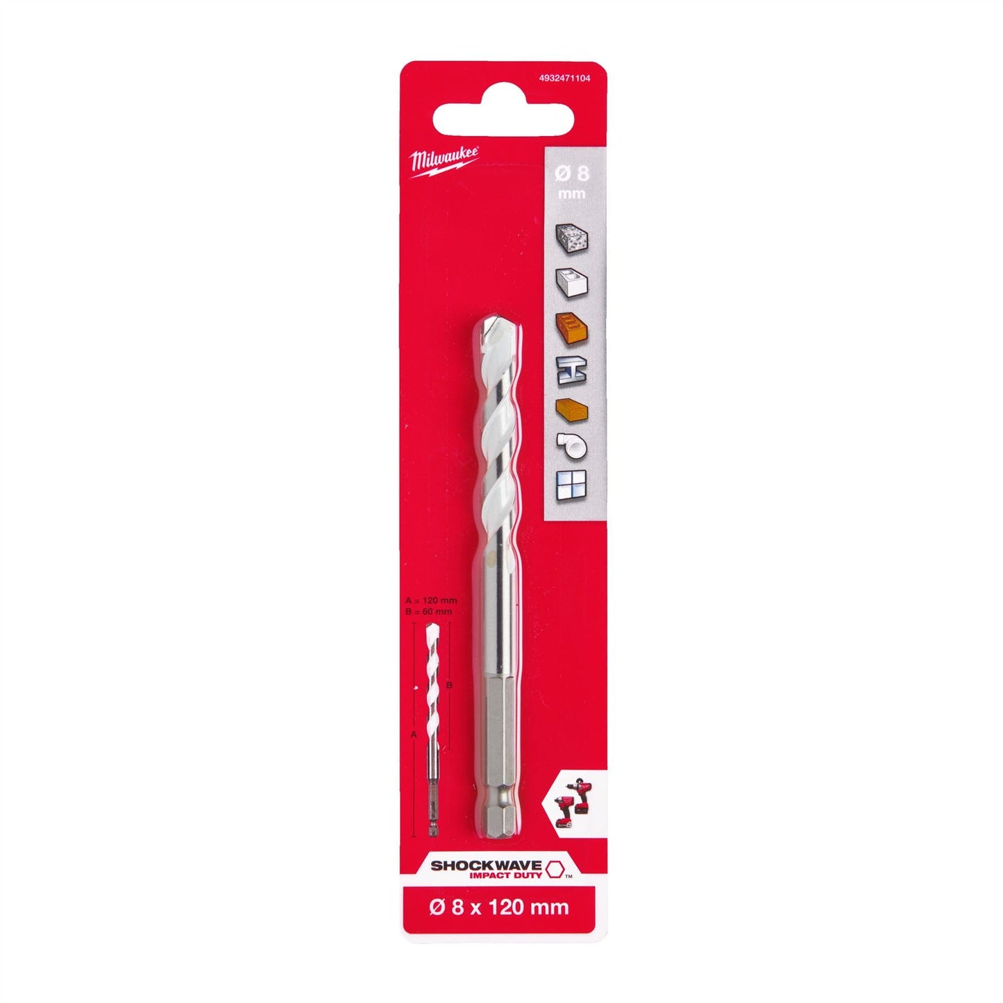 MILWAUKEE MULTIMATERIAL TIP MM 8X120 FOR WALL WOOD METAL CERAMIC PLASTIC