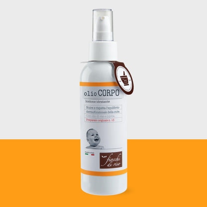Fiocchi di Riso - Olio CORPO - 140ml - IDRATAZIONE NEONATI - Lozione idratante dal rapido assorbimento, nutre la cute del neonato preservandone il film idrolipidico. Pack riciclato