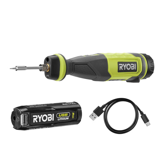 Ryobi RSI4-120G, Rechargeable Battery Soldering Iron with USB-C, Temperature up to 460 °C, LED Light, Ergonomic Handle, for Hobby Projects, 1 2.0Ah Battery Included