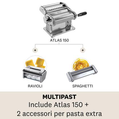Marcato GS-PASTASET Macchina per Pasta Manuale con Inclusi Accessori per Ravioli e Spaghetti, Acciaio Cromato, Argento, 20,3x14x20,3 cm