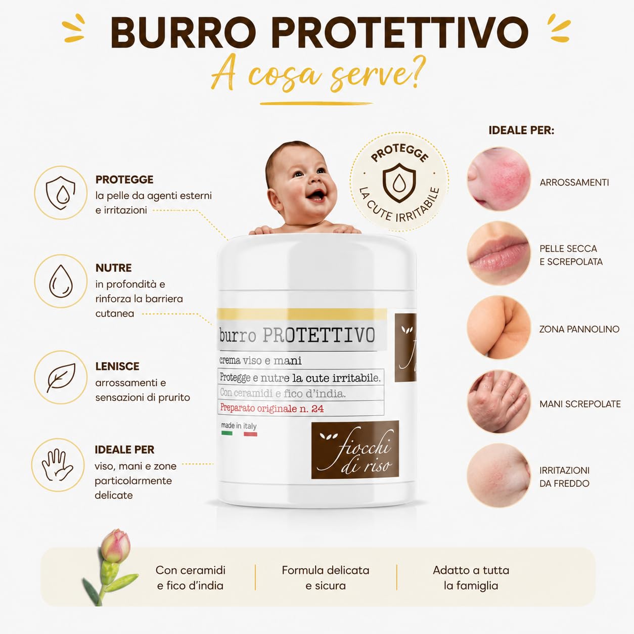 Fiocchi di Riso Crema Fluida Corpo, Latte Idratante 24h, con Olio di Riso e Mandorle, per Pelle Sensibile di Neonati e Bambini, 140 ml