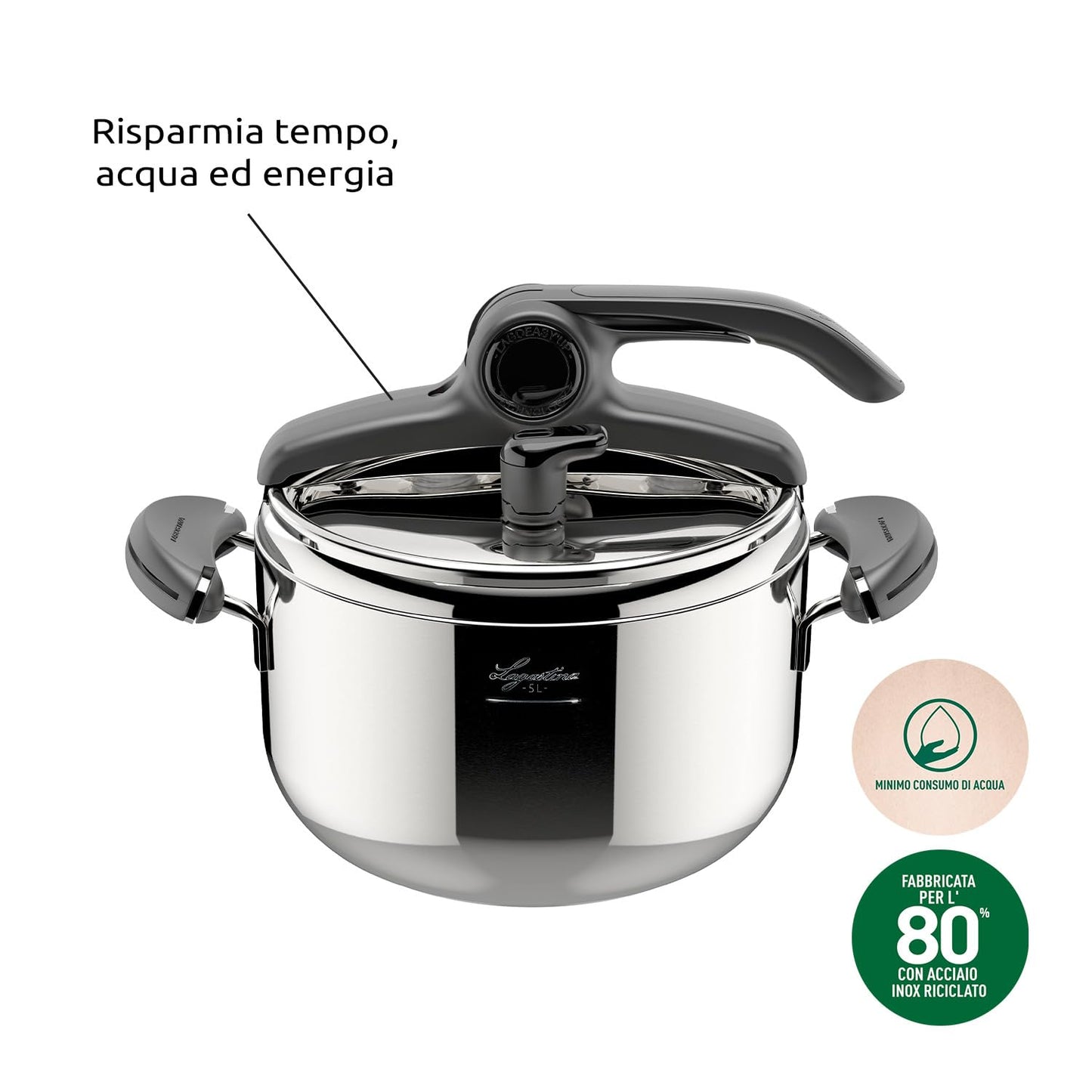 Lagostina Mia Pentola a Pressione 5 L in Acciaio Inox 18/10 Ø 22 cm, Pentola Induzione e Gas, Coperchio con Apertura Facilitata, Fondo a tre Strati, Lavabile in Lavastoviglie