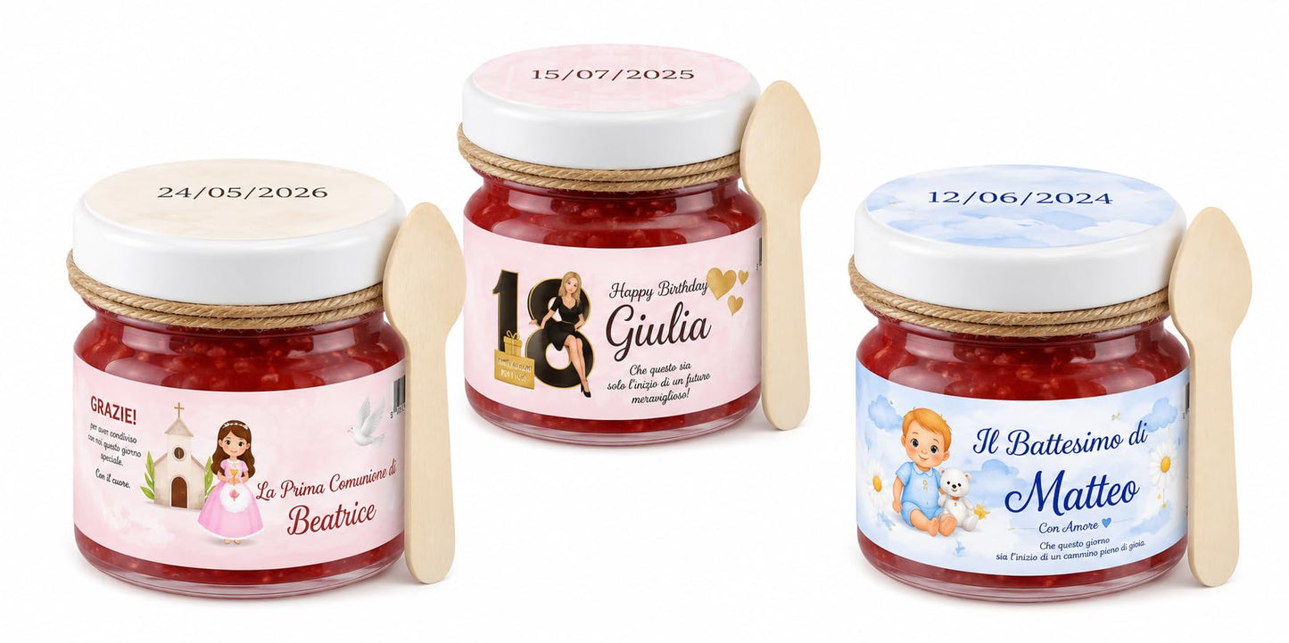 10 Barattolini di Marmellata Personalizzata con Cucchianino di Legno, Gusti Assortiti | Idea Regalo Bomboniera Comunione Matrimonio Segnaposto Gadget Finefesta , mini Marmellate personalizzabili