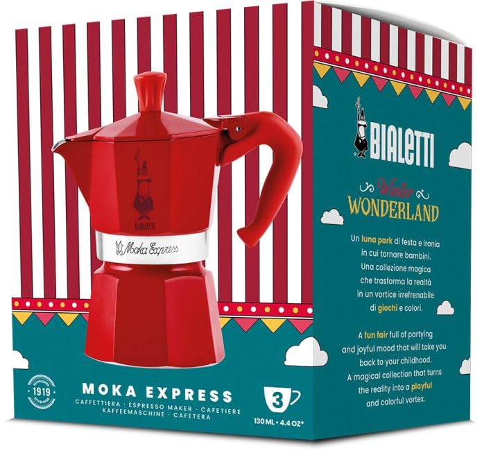 Bialetti Mokina Rossa, Moka Express Mezza Tazza, Collezione Wonderland | Caffettiera ½ Caffè Manico Rosso