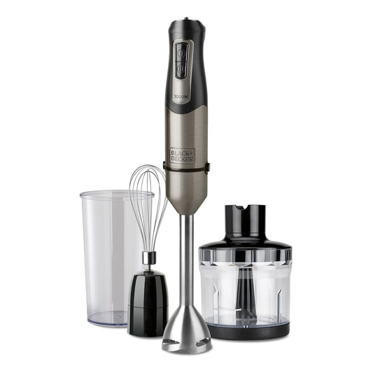 BLACK+DECKER BXHBA1000E - Frullatore a immersione, 1000W, 20 velocità + turbo, lame in acciaio inossidabile, asta rimovibile, tritaghiaccio, ergonomico, acciaio inossidabile, set completo di accessori