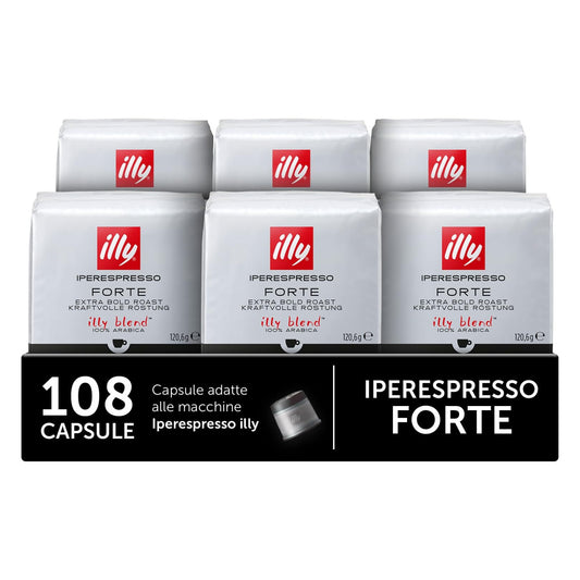 illy, Caffè in Capsule Iperespresso FORTE, 100% Arabica con Intenso Aroma di Pan Tostato e un Retrogusto di Cioccolato Fondente, Gusto Deciso, 6 Confezioni da 18 (108 Capsule Totali)