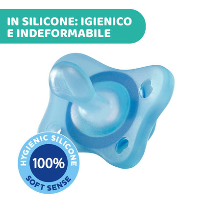 Chicco PhysioForma Ciuccio in Silicone 2-6 Mesi, 2 Pezzi, Set Gommottini 0-2 Mesi, Supportano la Respirazione Fisiologica e Favoriscono il Corretto Sviluppo della Bocca, Azzurro