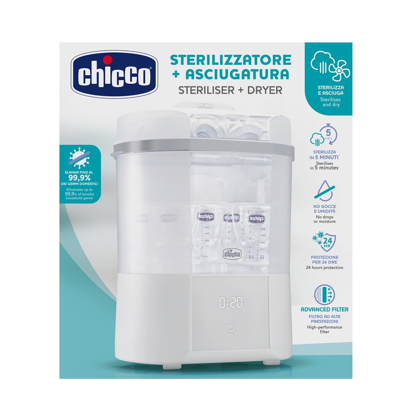 Chicco Sterilizzatore Elettrico, Sterilizzatore Biberon, Tiralatte e Ciuccio, con 3 Configurazioni e 3 Cicli di Utilizzo, Funzione Asciugatura, Adatto al Microonde, Fino a 6 Biberon da 330 ml, Bianco