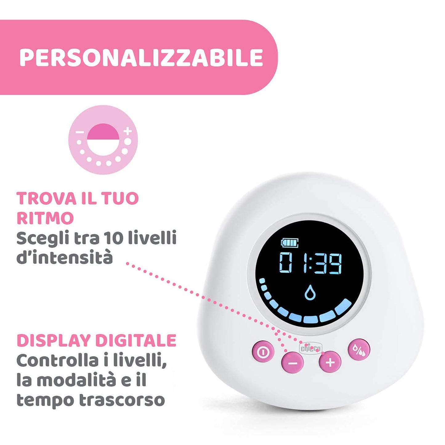 Chicco Electric Breast Pump with Stimulation and Extraction Phases, 10 Intensity Levels, Comfortable and Fast, Ergonomic Shape, with Inclined Teat and Airtight Cap, White, 150 ml