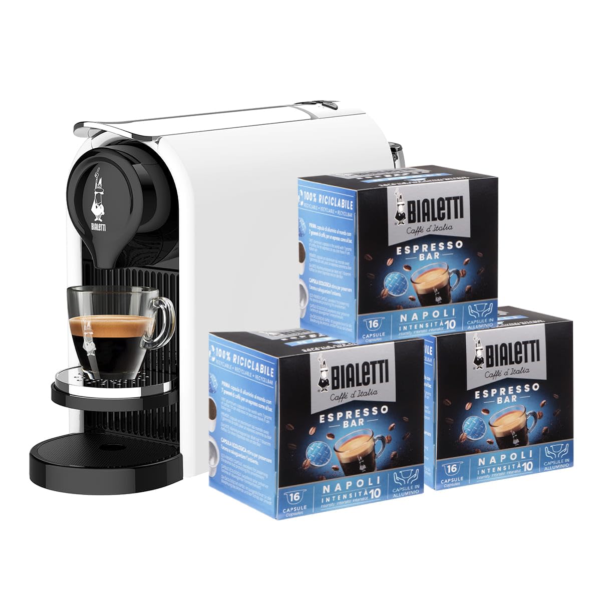 Bialetti Gioia PLUS, Macchina Caffè Espresso per Capsule in Alluminio, Incluse 48 Capsule, Funziona Esclusivamente con Capsule, Bianco