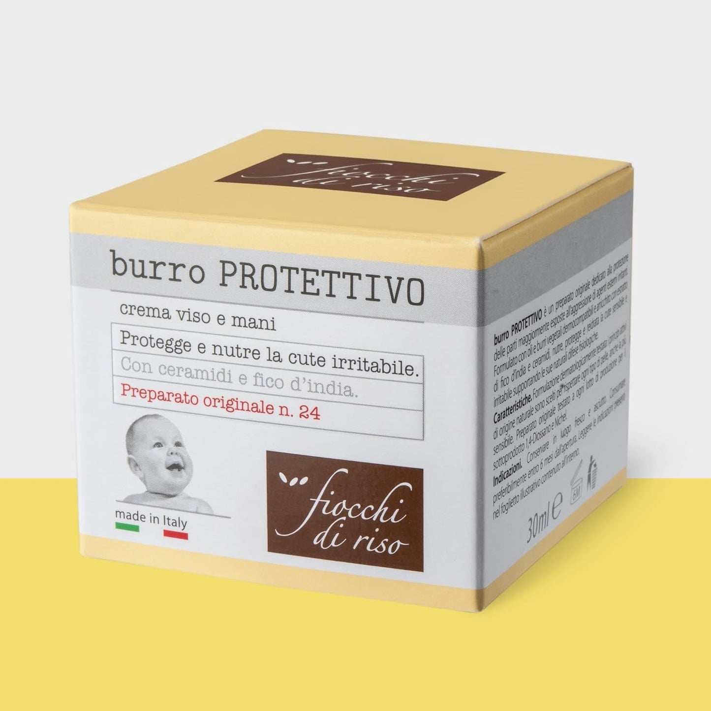 Fiocchi di Riso Burro PROTETTIVO, Crema Viso e Mani, con Ceramidi e Fico d'India, per Cute Sensibile, 2 Flaconi da 30 ml