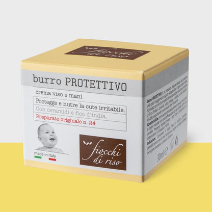Fiocchi di Riso Burro PROTETTIVO, Crema Viso e Mani, con Ceramidi e Fico d'India, per Cute Sensibile, 2 Flaconi da 30 ml
