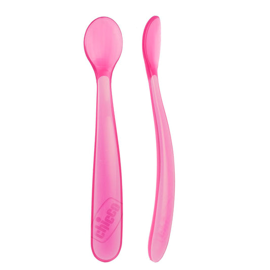 Chicco Cucchiaino Svezzamento in Silicone, Set 2 Cucchiai Morbidi per Neonati e Bambini, Delicati e Flessibili, con Impugnatura Ergonomica e Manico Lungo Curvato, 2 Pezzi - 6+ Mesi, Rosa