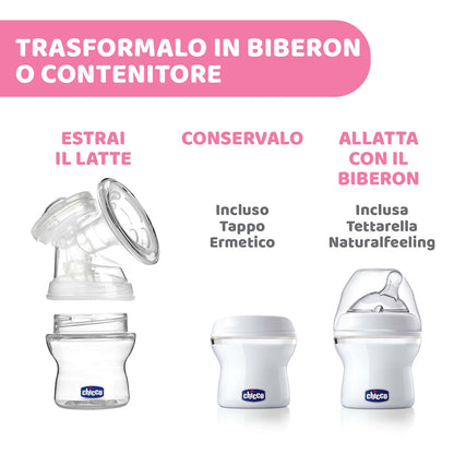 Chicco Electric Breast Pump with Stimulation and Extraction Phases, 10 Intensity Levels, Comfortable and Fast, Ergonomic Shape, with Inclined Teat and Airtight Cap, White, 150 ml