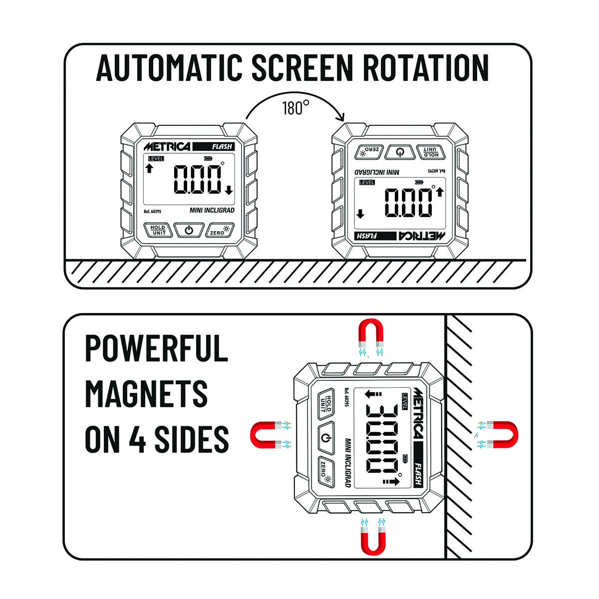 Metrica Mini Incligrad 60295 Inclinometro Digitale, Display LCD Retroilluminato, Magnetico 4 Lati, Precisione ±0,2°, Batteria Ricaricabile USB-C