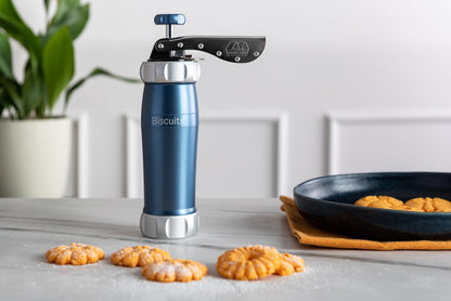 MARCATO Sparabiscotti. Macchina per Biscotti Biscuits Powder Blu. Alluminio Anodizzato. Diverse Forme. 25x10x5 cm. Facile da Usare