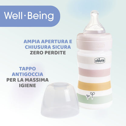 Biberon Benessere Flusso Lento, con Tettarella Physio in Morbido Silicone e Finitura Soft Sense, Anticolica, Riduce Rigurgito e Irritabilità, Bottiglia in Plastica da 150 ml, 0 Mesi+, Bambina