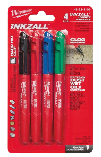 Milwaukee 4 Pennarelli Inkzall Assortiti Pennarello Indelebile a Punta Fine | Nero, Blu, Verde, Rosso
