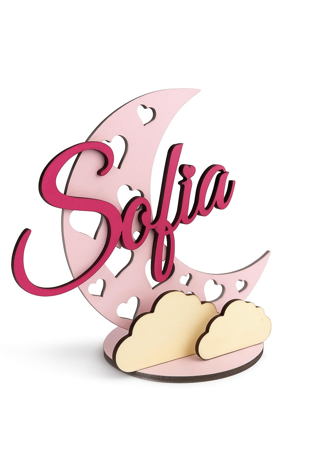 Topper Tema Luna in Legno 20cm Alezza, con Nome Personalizzabile. Scritta per Tavolo Torta, Allestimento ecc.
