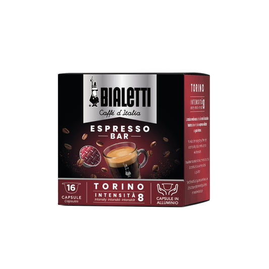 Bialetti Caffè d'Italia, Box 16 Capsule, Torino, Intensità 8, Compatibili con Macchine Bialetti sistema chiuso, 100% Alluminio