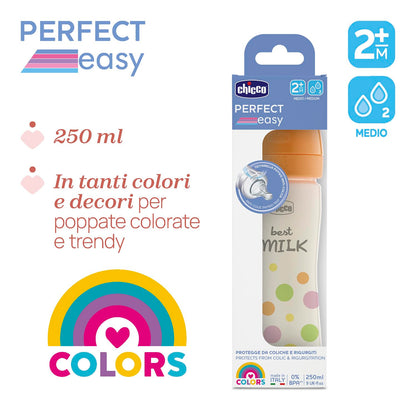 Chicco Biberon Perfect Easy Flusso Medio, con Tettarella Physio in Morbido Silicone e Finitura Soft Sense, Anticolica, Riduce Rigurgito e Irritabilità, Bottiglia in Plastica da 250ml, 2Mesi+, Bambina