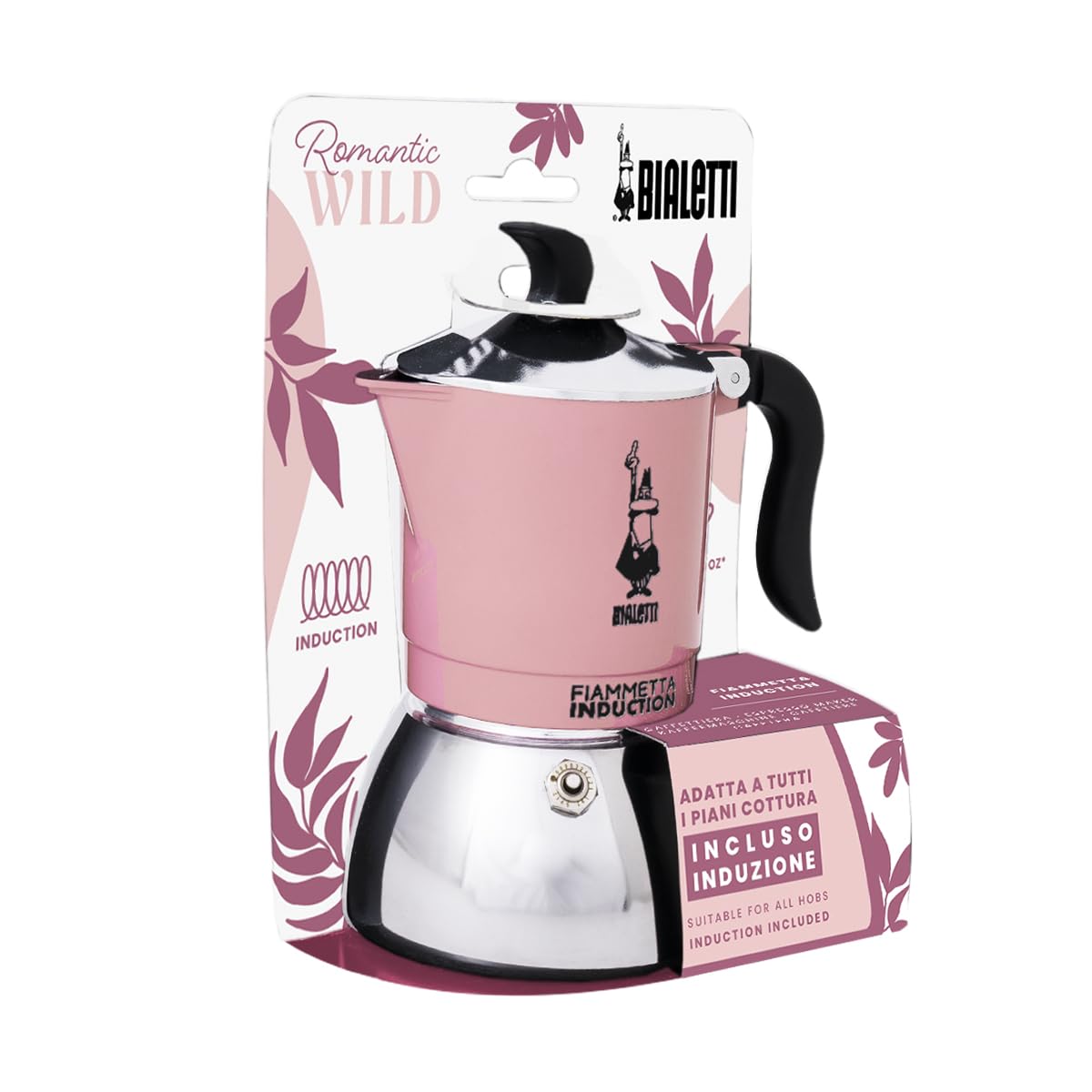 Bialetti Caffettiera Fiammetta Induction, 2 Tazze (100 ml), Adatta a Tutti i piani cottura, Design Elegante, Rosa