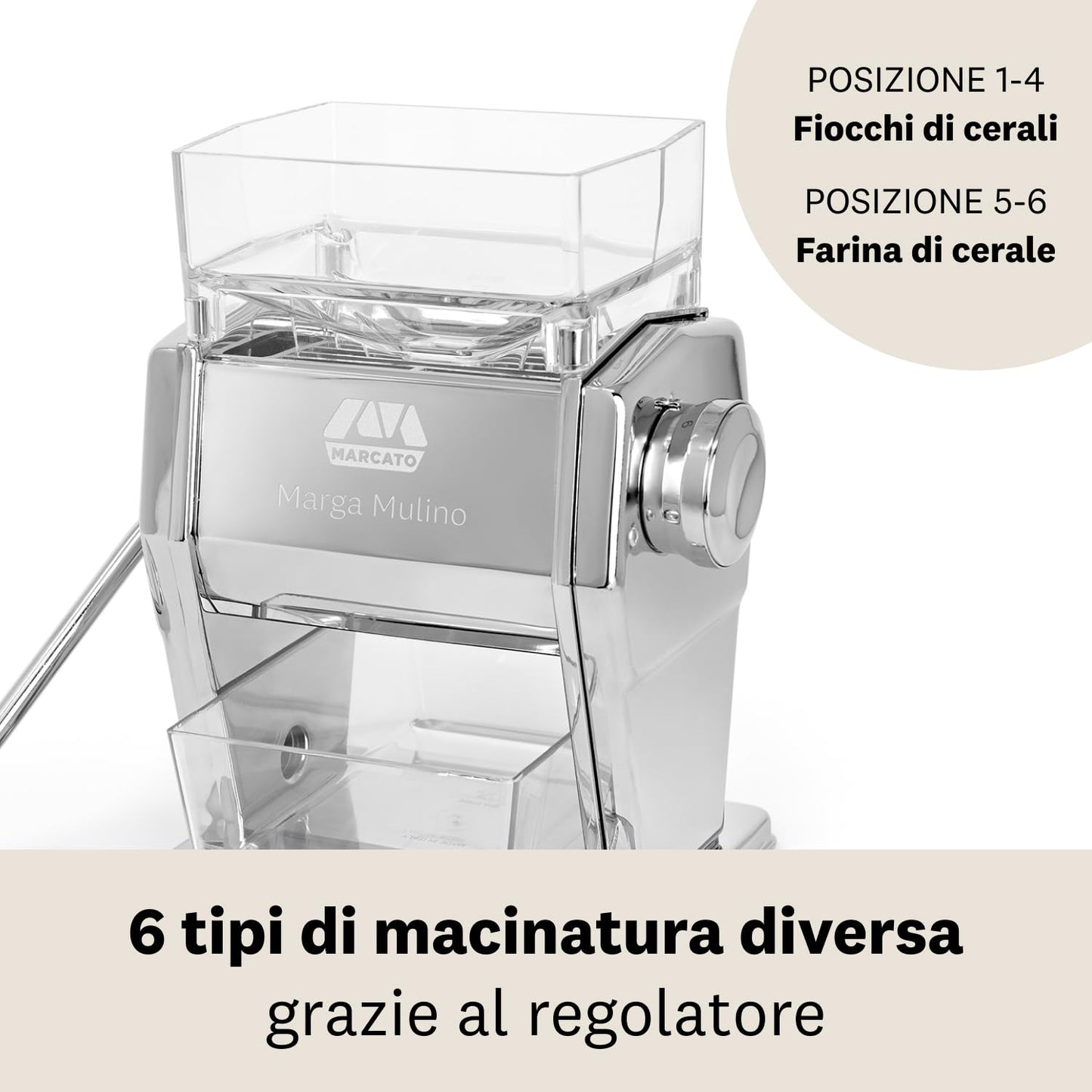 Marcato Mulino per Cereali, Macina Cereali, Macchina per Farina Fatta in Casa, in Acciao e Alluminio, 6 Posizioni di Macinatura, 2 Finiture per Fiocchi o Farina, Made in italy. Modello: Marga Mulino