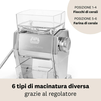 Marcato Mulino per Cereali, Macina Cereali, Macchina per Farina Fatta in Casa, in Acciao e Alluminio, 6 Posizioni di Macinatura, 2 Finiture per Fiocchi o Farina, Made in italy. Modello: Marga Mulino