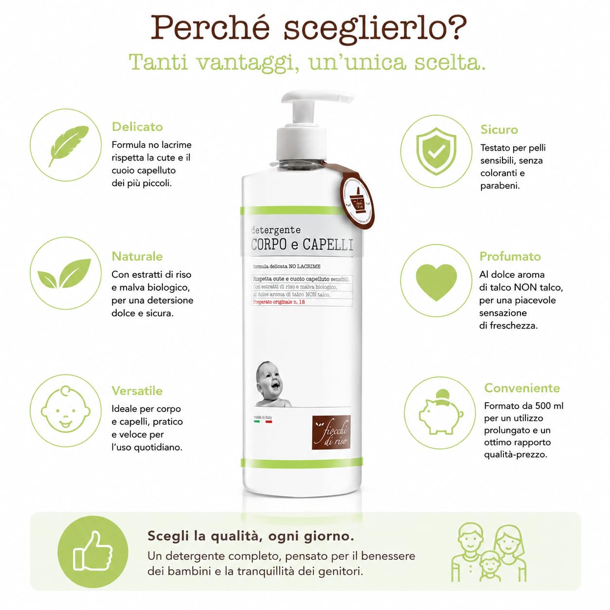 Fiocchi di Riso Detergente Corpo e Capelli Talco, 750ml, Formula Delicata, per Neonati, Rispetta Cute e Cuoio Capelluto Sensibili