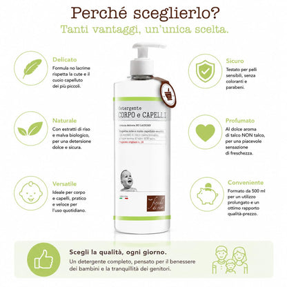 Fiocchi di Riso Detergente Corpo e Capelli Talco, 750ml, Formula Delicata, per Neonati, Rispetta Cute e Cuoio Capelluto Sensibili