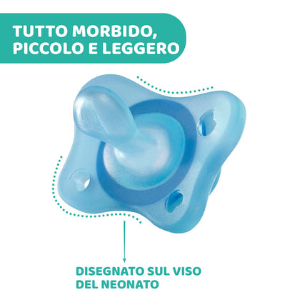 Chicco PhysioForma Ciuccio in Silicone 2-6 Mesi, 2 Pezzi, Set Gommottini 0-2 Mesi, Supportano la Respirazione Fisiologica e Favoriscono il Corretto Sviluppo della Bocca, Azzurro