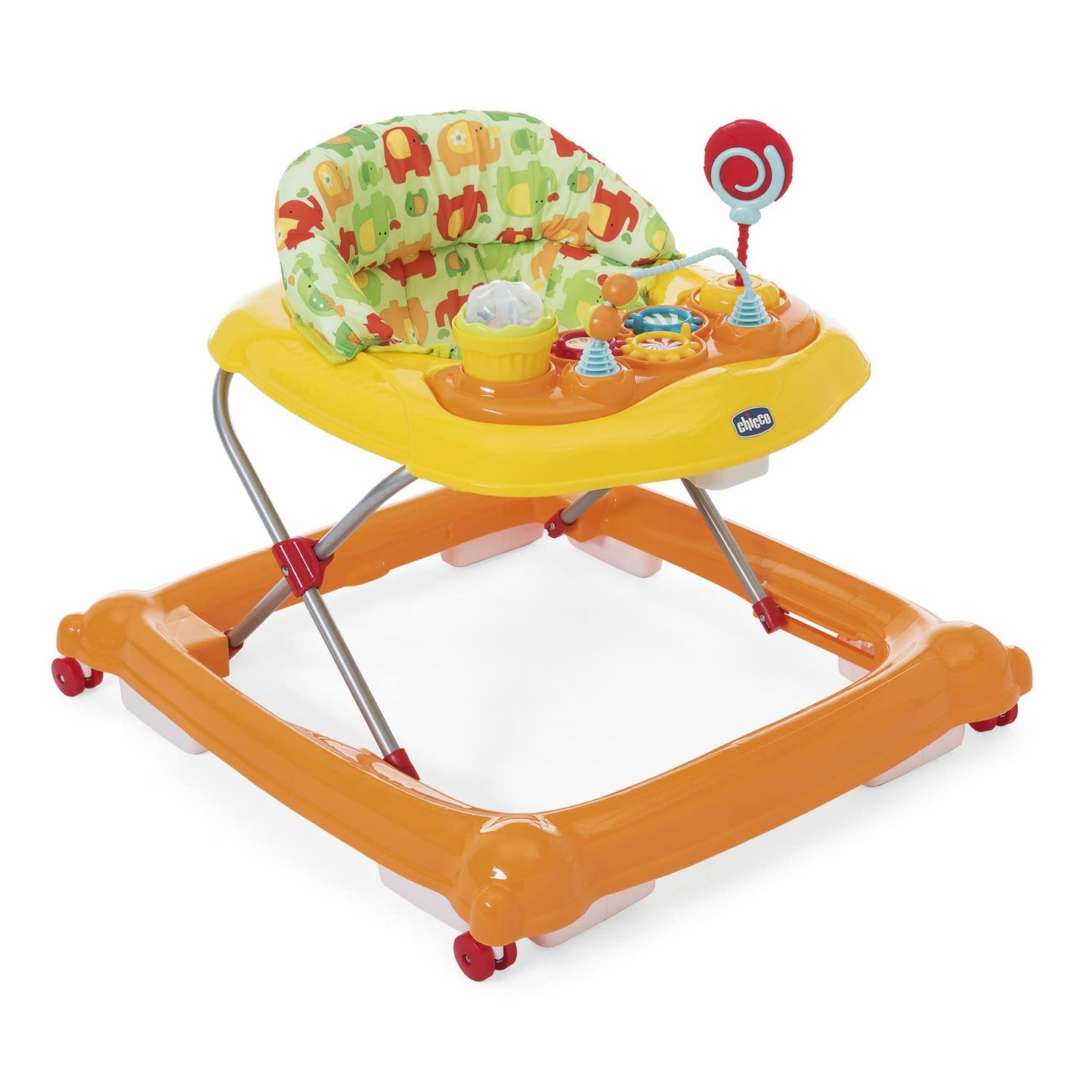 Chicco Girello Circus Bambini, con Pannello Giocattolo, Altezza Regolabile, 8 Freni di Sicurezza, 4 Ruote Girevoli, Pieghevole e Compatto, 6 mesi +, Arancione con Fantasie