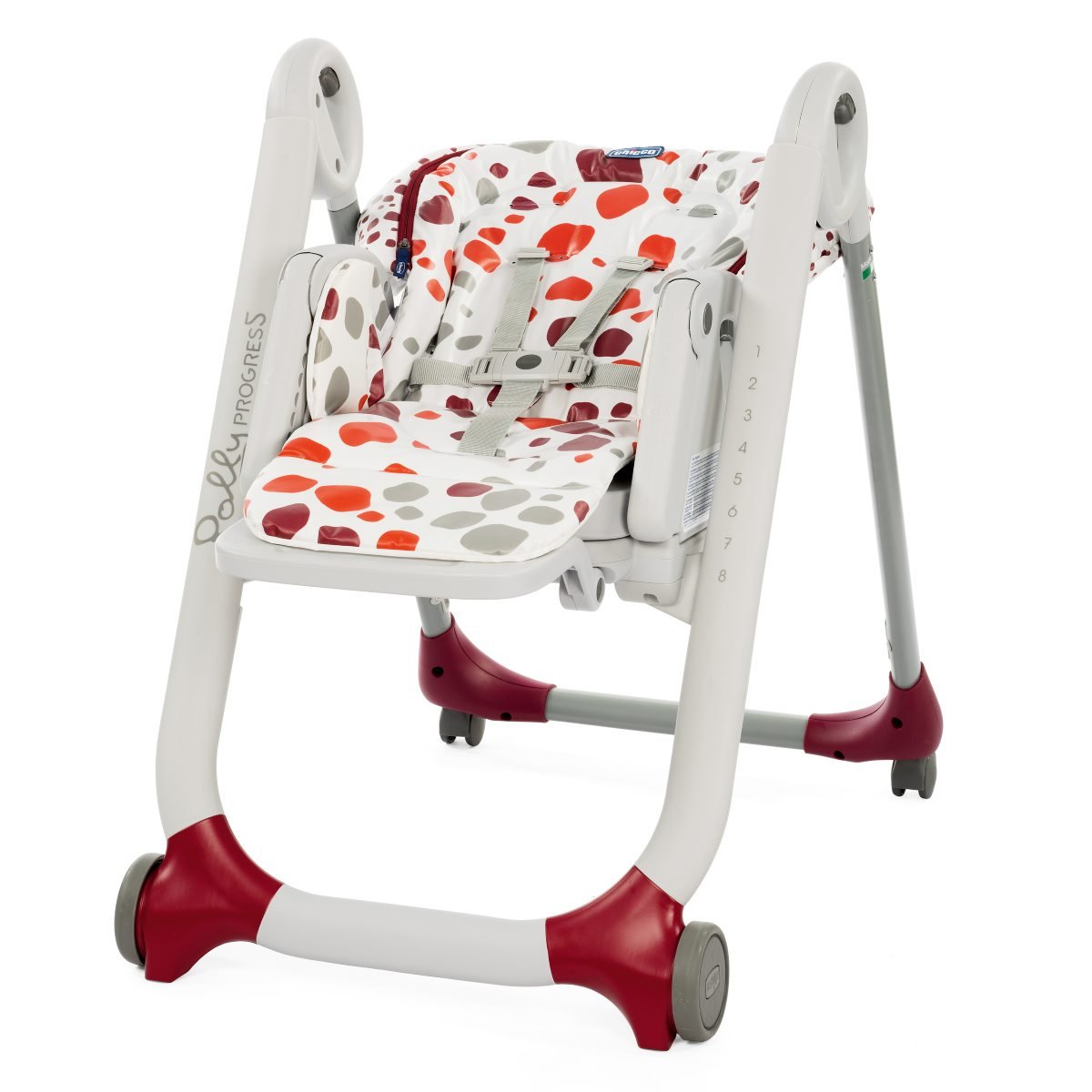 Chicco Polly Progres5 Seggiolone Pappa Regolabile per Bambini 0 Mesi - 3 Anni (15 kg), Trasformabile in Rialzo Sedia Bambini, Reclinabile a Sdraietta, con 4 Ruote e Chiusura Compatta - Cherry