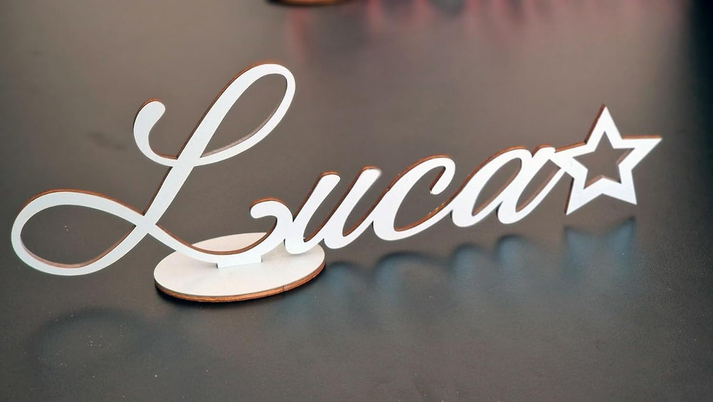 Scritta in Legno Personalizzata | Nome Inciso al Laser 38 cm | Topper per Tavolo Torta, Gadget o Decorazione, Spessore 6mm