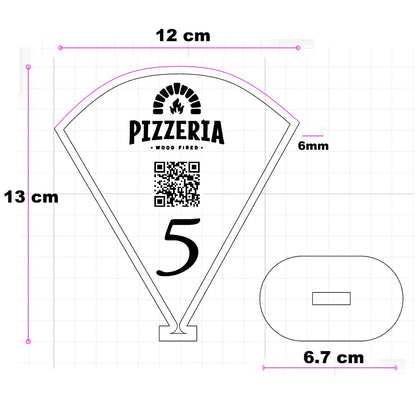 Segnatavolo in Legno a Forma di Pizza, Personalizzabile con Logo, Numero e QR Code, 13x12 cm, Spessore 6mm, Segna Tavolo Numerato Pizzeria