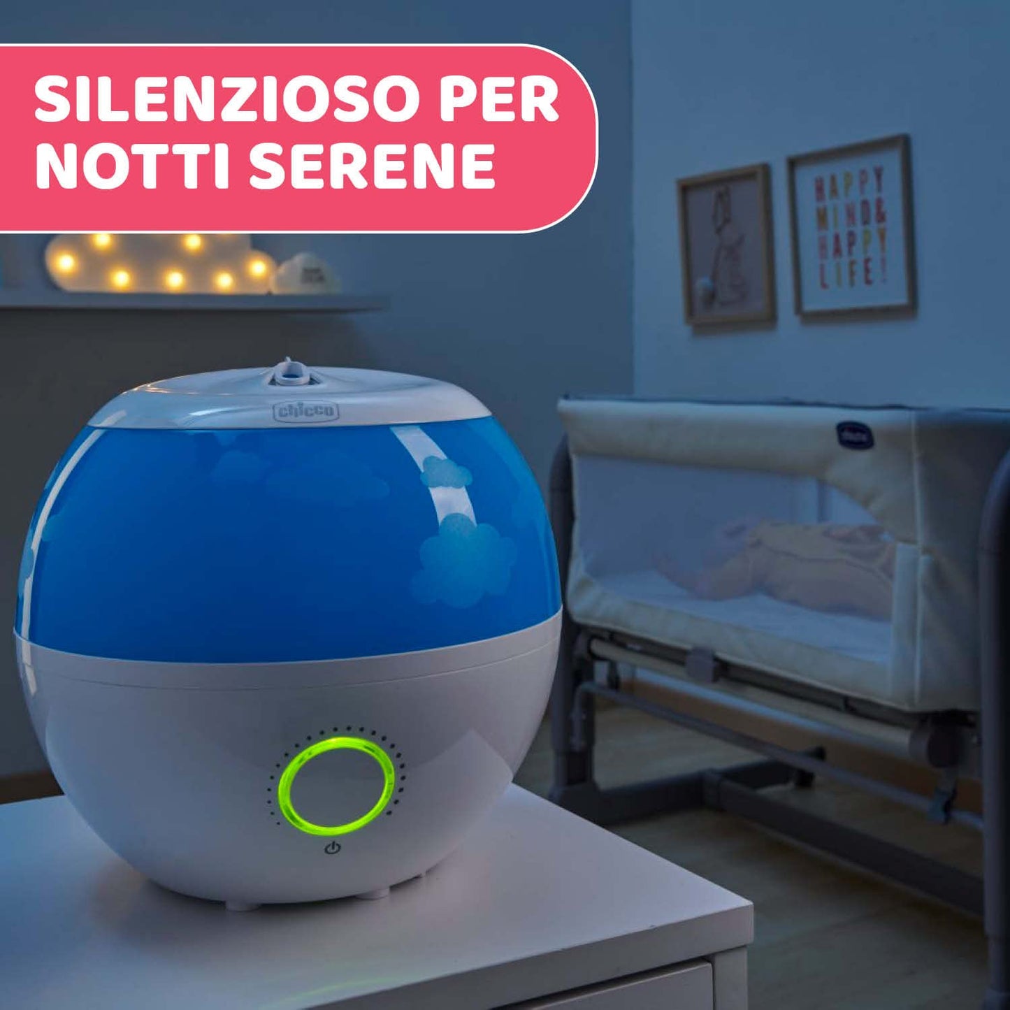 Chicco Humi Fresh Umidificatore Ambiente a Ultrasuoni per Bambini, Vapore Freddo Anti-scottatura e Silenzioso per Notti Serene, con Contenitore per Essenze, Spegnimento Automatico, Autonomia 8 Ore