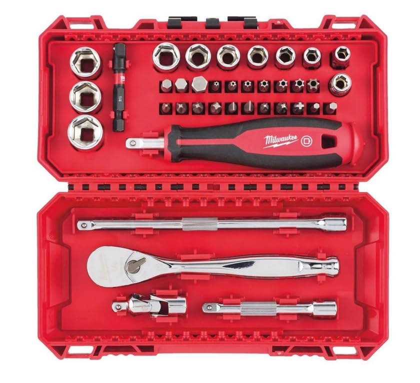 Milwaukee 4932498381 - Set di chiavi a cricchetto, driver e bussola, 38 pezzi, 1/4", in custodia compatibile