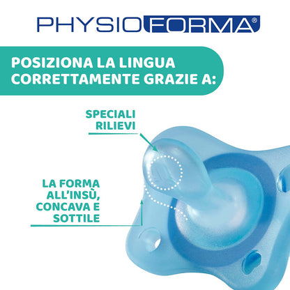 Chicco PhysioForma Ciuccio in Silicone 2-6 Mesi, 2 Pezzi, Set Gommottini 0-2 Mesi, Supportano la Respirazione Fisiologica e Favoriscono il Corretto Sviluppo della Bocca, Azzurro