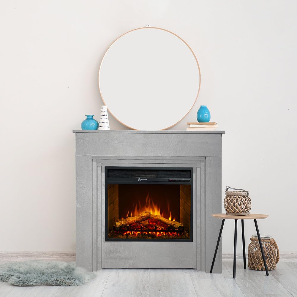 Camino elettrico caminetto da terra BELLINI in legno effetto Cemento Made in Italy L96 x P35 x H96