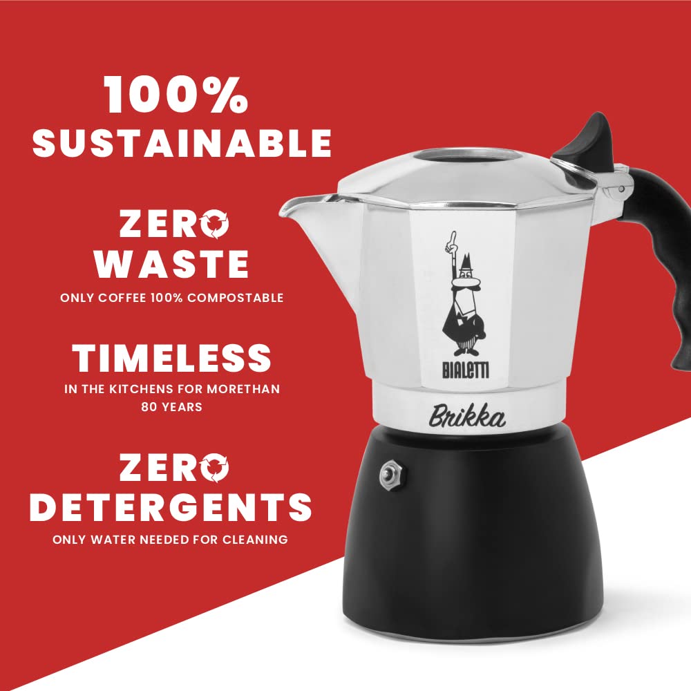 Bialetti Caffettiera Brikka, 4 Tazze (170 ml), Espresso Cremoso come al Bar, Non Adatta a Piano Induzione, Misurino incluso, Manico antiscottatura, Design Elegante, Alluminio