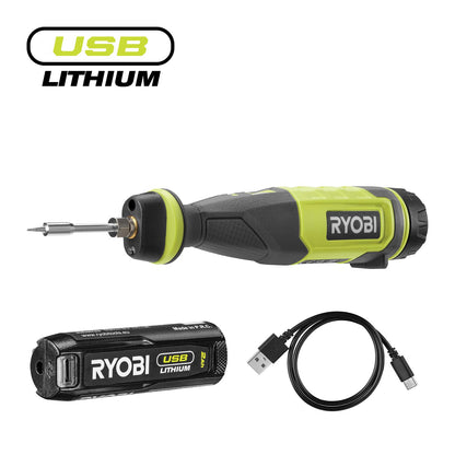 Ryobi RSI4-120G, Rechargeable Battery Soldering Iron with USB-C, Temperature up to 460 °C, LED Light, Ergonomic Handle, for Hobby Projects, 1 2.0Ah Battery Included