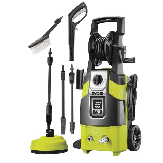 RYOBI Rondella elettrica ad alta pressione 1800 W RPW130XRBB (130 bar, portata 380 l/h, pompa in alluminio assiale, con lancia turbo e vario, pulitore per terrazze, spazzola multiuso, tubo da 6 m