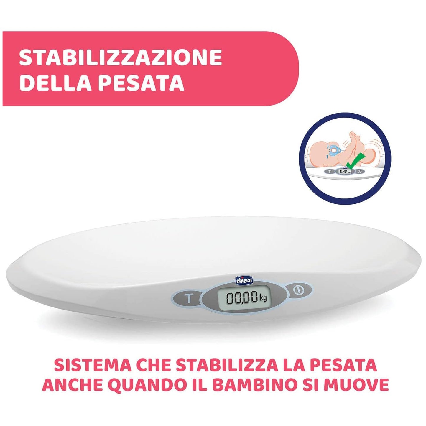Chicco Bilancia Elettronica Digitale Pesa Bambini Neonati Con Display Digitale LCD, Bilancia Pesa Neonato fino a 20 Kg, Funzione Tara, Funzione Stabilizzatore, Memorizzazione Ultima Pesata, Bianco