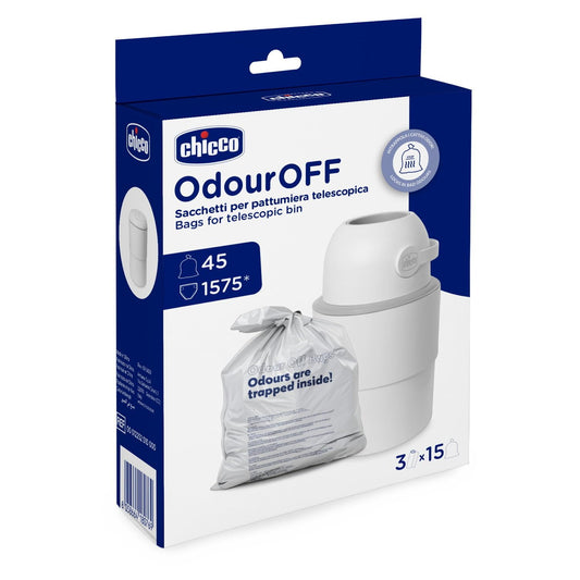 Chicco Sacchetti Odour off, Sacchetti per Mangiapannolino, Sacchetti per Pattumiera Telescopica, Materiale Robusto a Triplo Strato, Trattiene i Cattivi Odori, 45 Sacchetti, 15x3