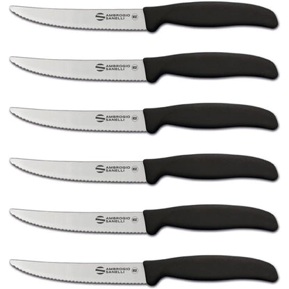 Sanelli Ambrogio, Set de couteaux à steak Supra, 6 couteaux avec lame dentelée de 12 cm, affûtage contrôlé au laser, manche ergonomique, couteaux professionnels fabriqués en Italie, lavable au lave-vaisselle