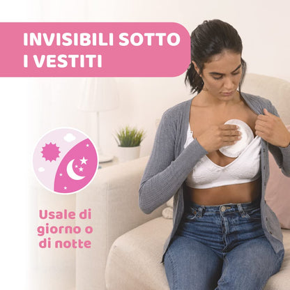 Chicco Coppette Assorbilatte con Antibatterico, Igieniche e Super Assorbenti, Dischetti Usa e Getta per Allattamento, Invisibili sotto i Vestiti, Con Striscia Adesiva, 60 Coppette, Bianco