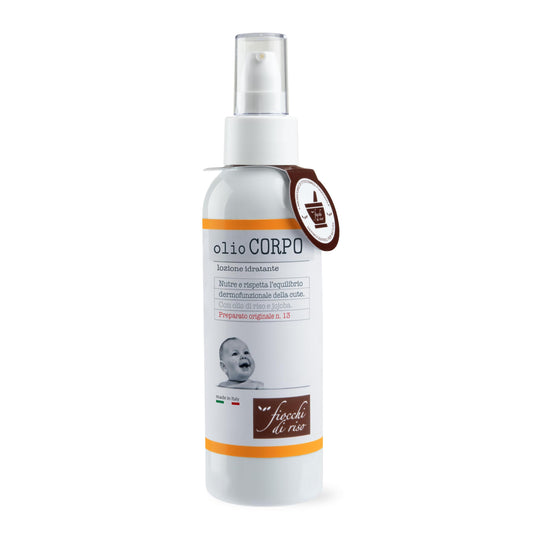 Fiocchi di Riso - Olio CORPO - 140ml - IDRATAZIONE NEONATI - Lozione idratante dal rapido assorbimento, nutre la cute del neonato preservandone il film idrolipidico. Pack riciclato
